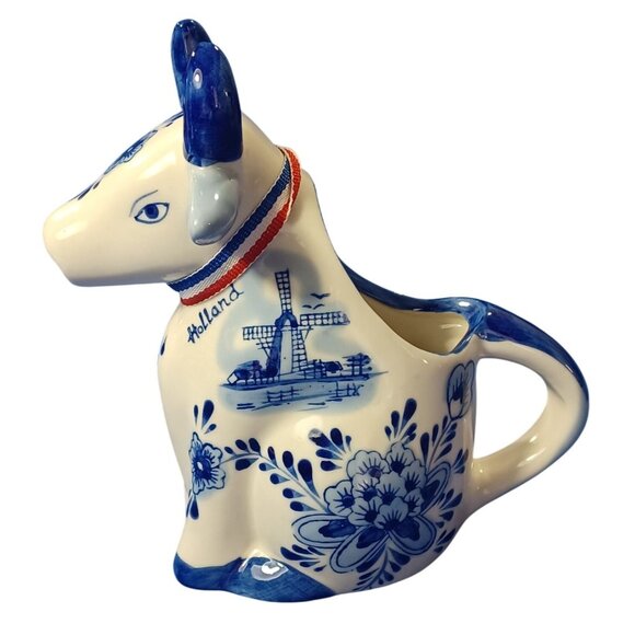 Vtg Hand-Painted Delft Blue Dutch Cow Creamer Pitcher W/ Windmill Floral Design - Picture 6 of 13
